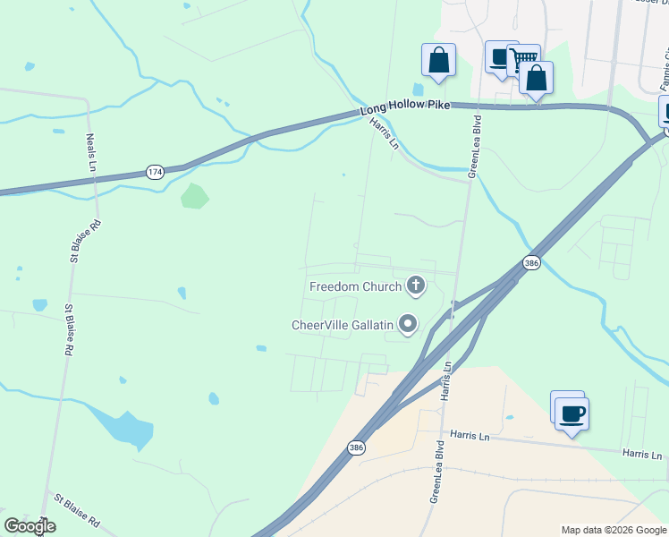 map of restaurants, bars, coffee shops, grocery stores, and more near 1601 Green Lea Boulevard in Gallatin
