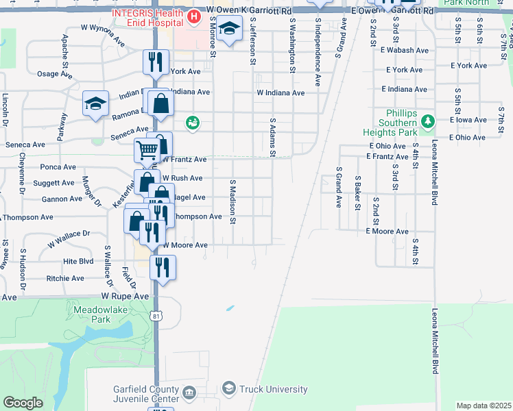 map of restaurants, bars, coffee shops, grocery stores, and more near 1509 South Jefferson Street in Enid