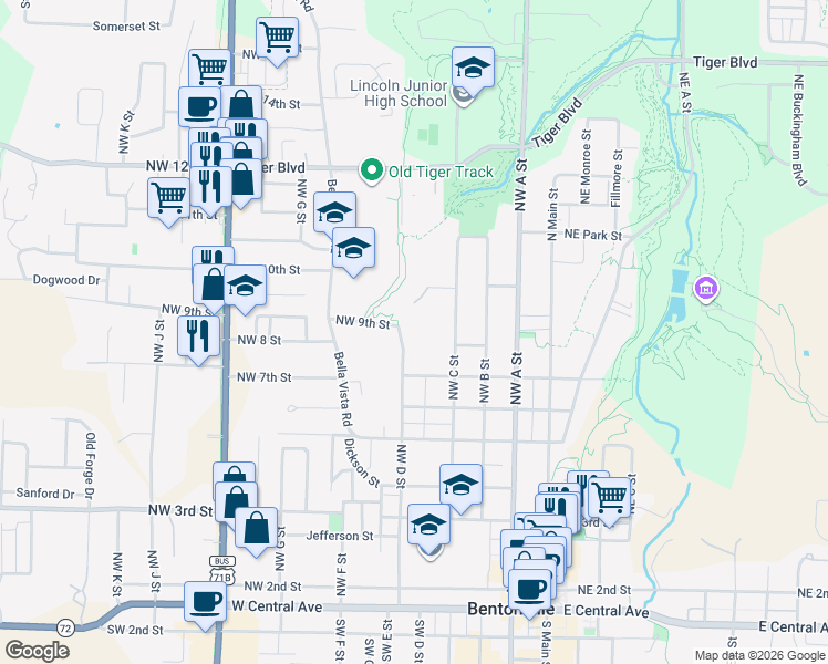 map of restaurants, bars, coffee shops, grocery stores, and more near 800 Northwest D Street in Bentonville
