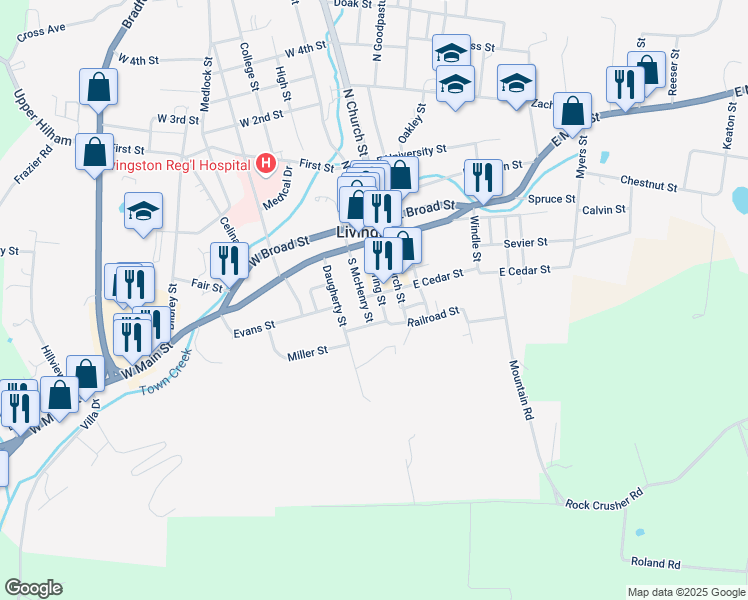 map of restaurants, bars, coffee shops, grocery stores, and more near 205 Evans Street in Livingston