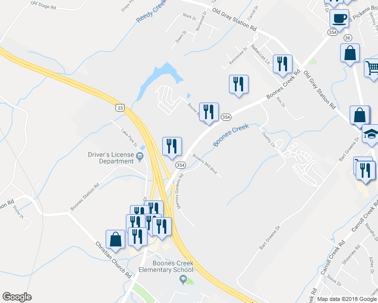 map of restaurants, bars, coffee shops, grocery stores, and more near 2801 Boones Creek Road in Johnson City