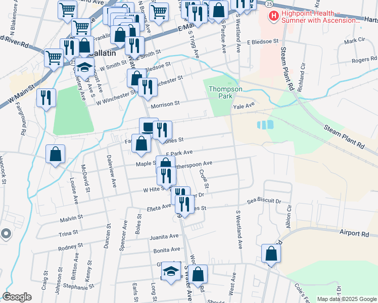 map of restaurants, bars, coffee shops, grocery stores, and more near 217 East Park Avenue in Gallatin