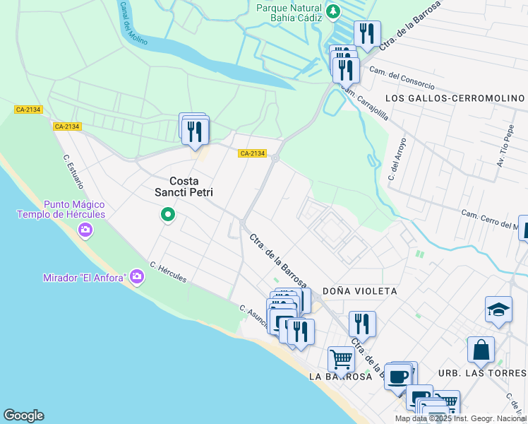 map of restaurants, bars, coffee shops, grocery stores, and more near 1B Calle Río de Janeiro in Chiclana de la Frontera