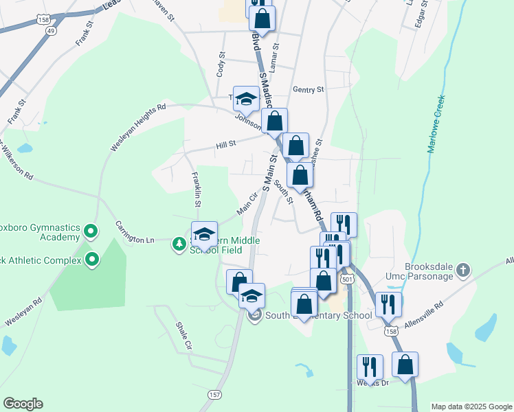 map of restaurants, bars, coffee shops, grocery stores, and more near 821 North Main Street in Roxboro