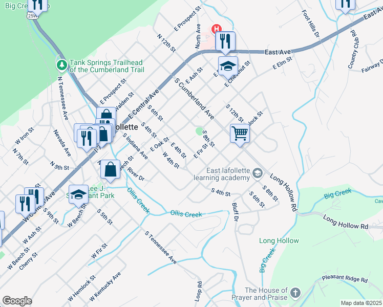 map of restaurants, bars, coffee shops, grocery stores, and more near 510 South 6th Street in LaFollette