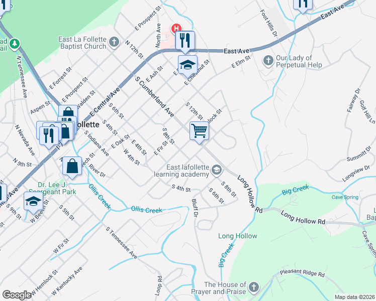 map of restaurants, bars, coffee shops, grocery stores, and more near 705 South 8th Street in LaFollette