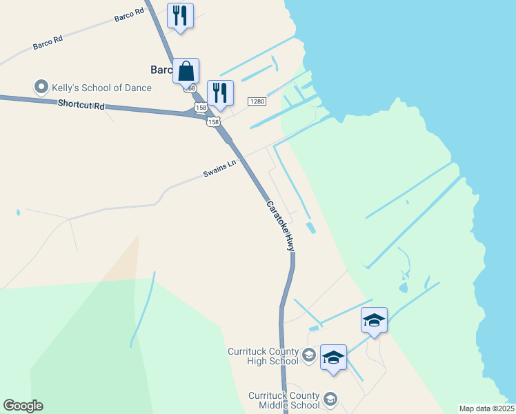 map of restaurants, bars, coffee shops, grocery stores, and more near 4068 Caratoke Highway in Barco