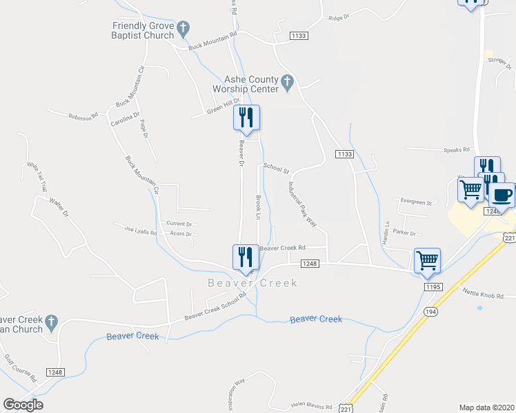 map of restaurants, bars, coffee shops, grocery stores, and more near 265 Brook Lane in West Jefferson