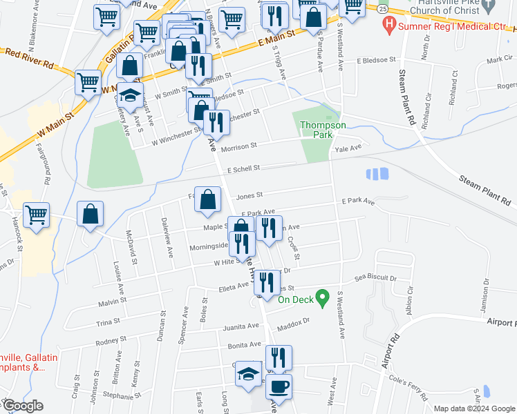 map of restaurants, bars, coffee shops, grocery stores, and more near 142 East Park Avenue in Gallatin