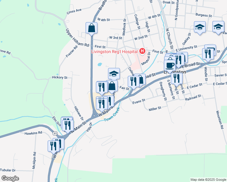 map of restaurants, bars, coffee shops, grocery stores, and more near 104-198 Bilbrey St in Livingston
