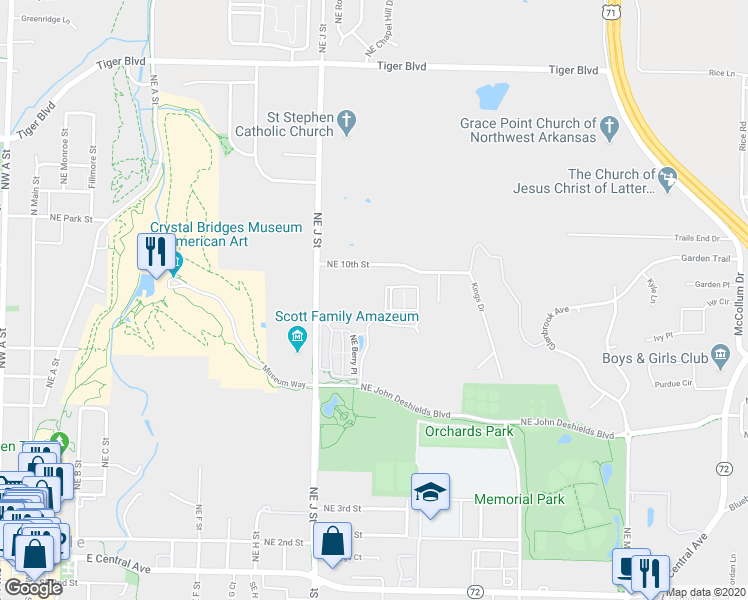map of restaurants, bars, coffee shops, grocery stores, and more near 1201 Northeast Legacy Parkway in Bentonville