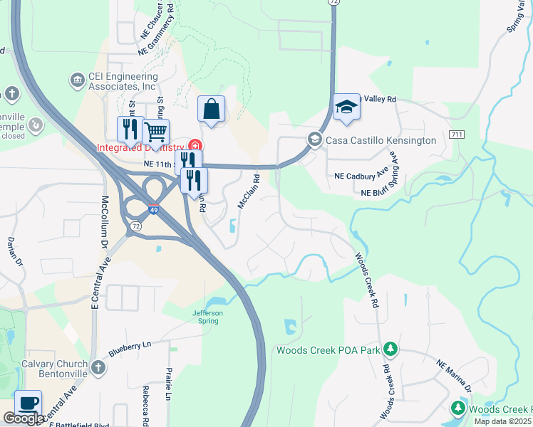 map of restaurants, bars, coffee shops, grocery stores, and more near 3 Oak Ridge Lane in Bentonville