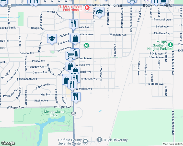 map of restaurants, bars, coffee shops, grocery stores, and more near 709 West Nagel Avenue in Enid