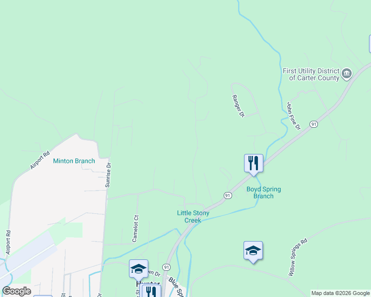 map of restaurants, bars, coffee shops, grocery stores, and more near 163 Little Stoney Creek Road in Elizabethton