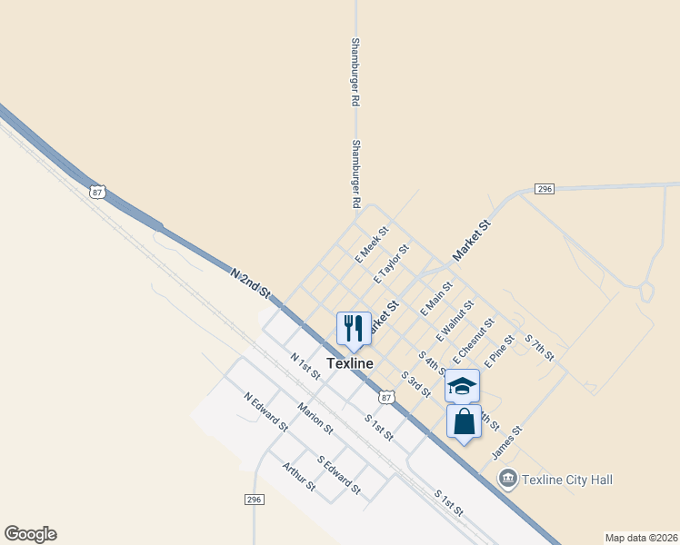 map of restaurants, bars, coffee shops, grocery stores, and more near 401 East Meek Street in Texline