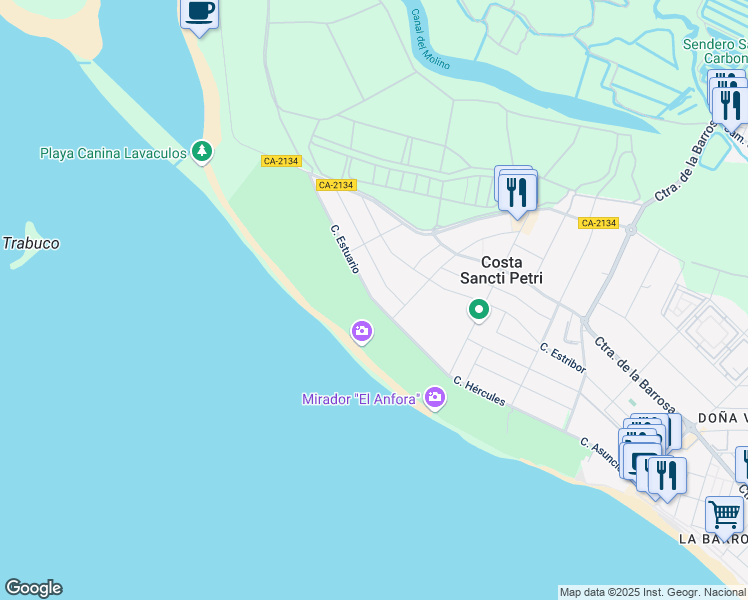 map of restaurants, bars, coffee shops, grocery stores, and more near 30 Calle Hércules in Poblado de Sancti Petri