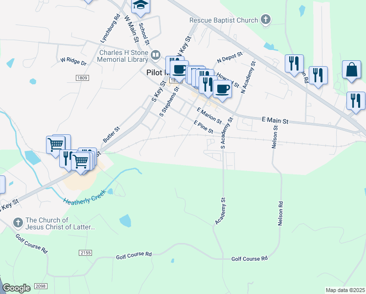 map of restaurants, bars, coffee shops, grocery stores, and more near 508 South Davis Street in Pilot Mountain