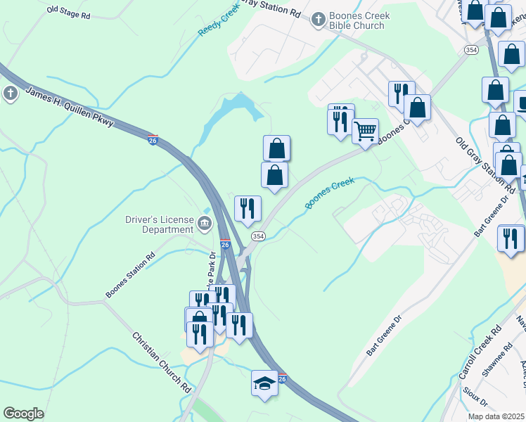 map of restaurants, bars, coffee shops, grocery stores, and more near 2801 Boones Creek Road in Johnson City