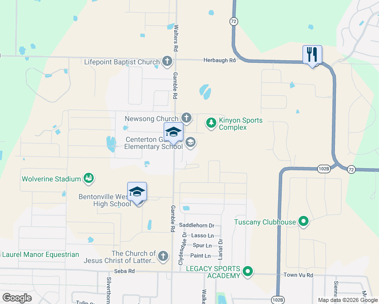 map of restaurants, bars, coffee shops, grocery stores, and more near 1550 Gamble Road in Centerton