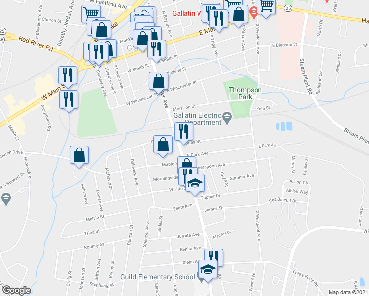 map of restaurants, bars, coffee shops, grocery stores, and more near 563 South Water Avenue in Gallatin