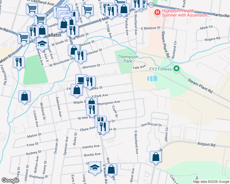 map of restaurants, bars, coffee shops, grocery stores, and more near 236 East Park Avenue in Gallatin
