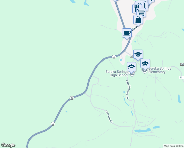 map of restaurants, bars, coffee shops, grocery stores, and more near 235 Huntsville Road in Eureka Springs