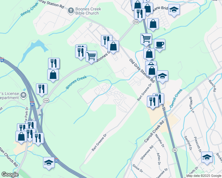 map of restaurants, bars, coffee shops, grocery stores, and more near 1008 Quality Circle in Johnson City