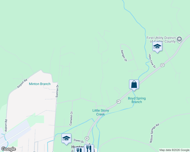 map of restaurants, bars, coffee shops, grocery stores, and more near 163 Little Stoney Creek Road in Elizabethton