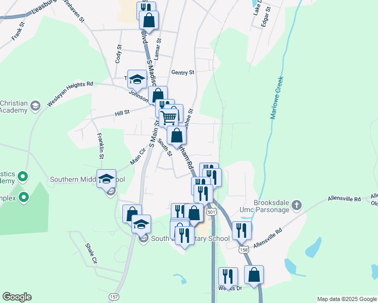 map of restaurants, bars, coffee shops, grocery stores, and more near 808 Durham Road in Roxboro
