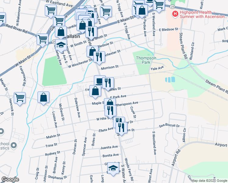 map of restaurants, bars, coffee shops, grocery stores, and more near 142 East Park Avenue in Gallatin