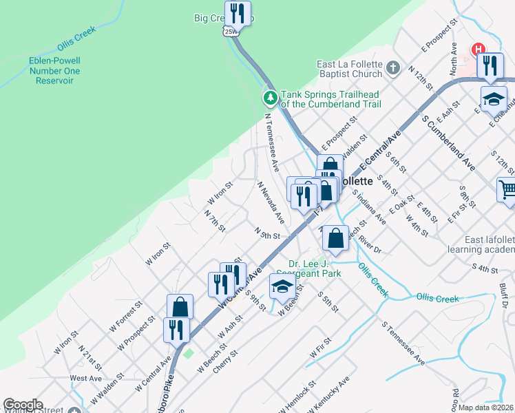 map of restaurants, bars, coffee shops, grocery stores, and more near 210 North 5th Street in LaFollette