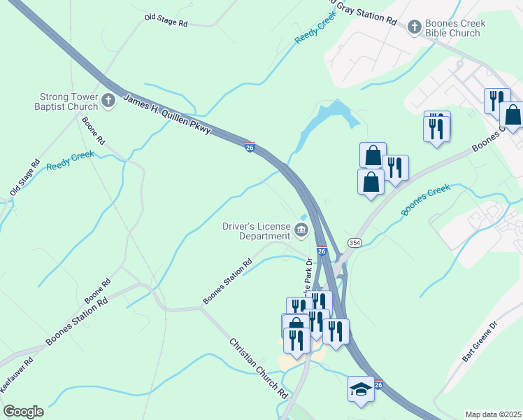 map of restaurants, bars, coffee shops, grocery stores, and more near 4721 Lake Park Drive in Johnson City