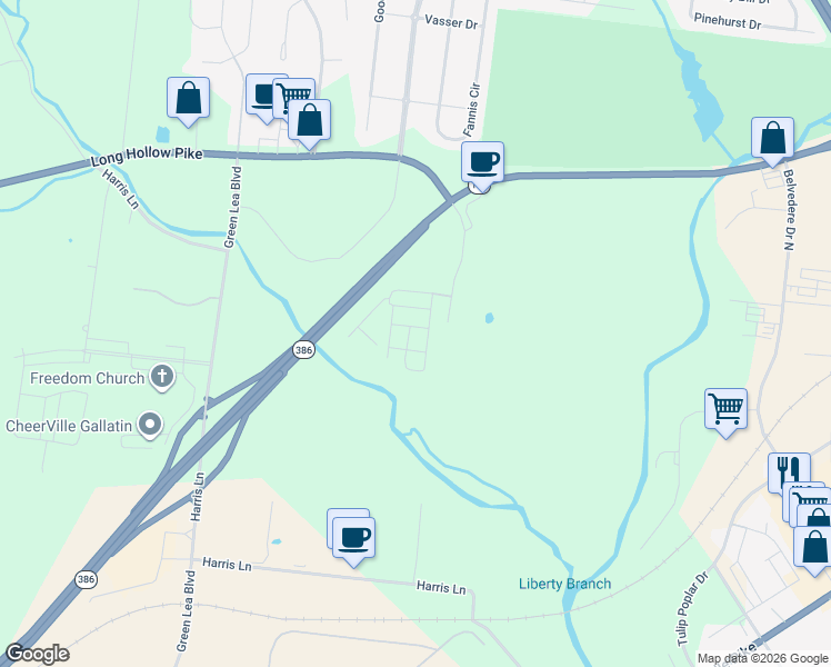 map of restaurants, bars, coffee shops, grocery stores, and more near 364 Banbury Drive in Gallatin