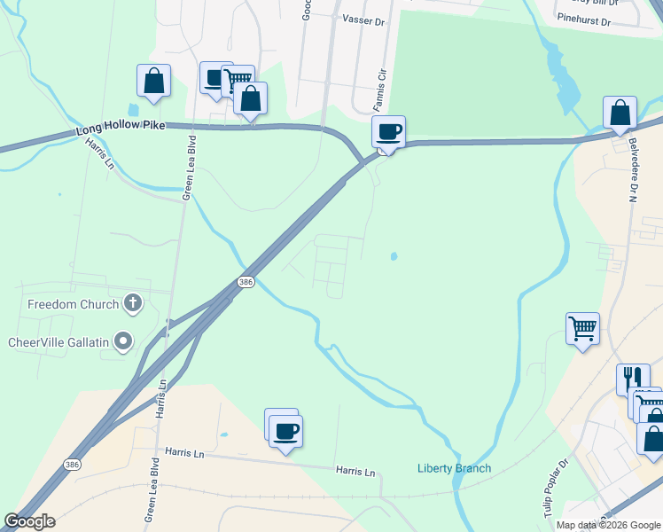 map of restaurants, bars, coffee shops, grocery stores, and more near 247 Mansfield Drive in Gallatin