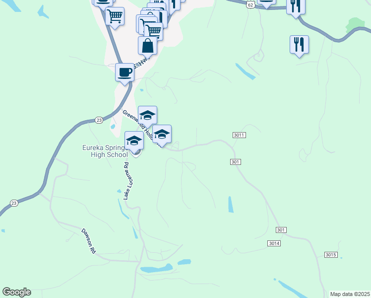 map of restaurants, bars, coffee shops, grocery stores, and more near 142 Greenwood Hollow Road in Eureka Springs