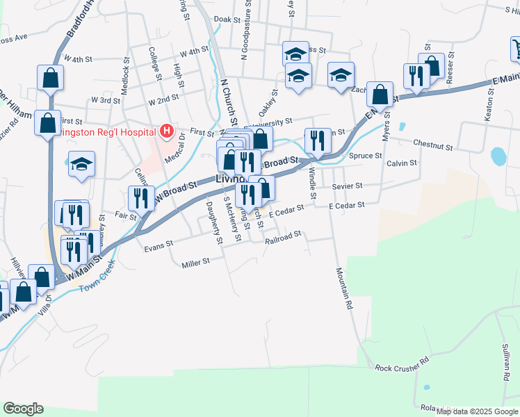 map of restaurants, bars, coffee shops, grocery stores, and more near 112 South Goodpasture Street in Livingston
