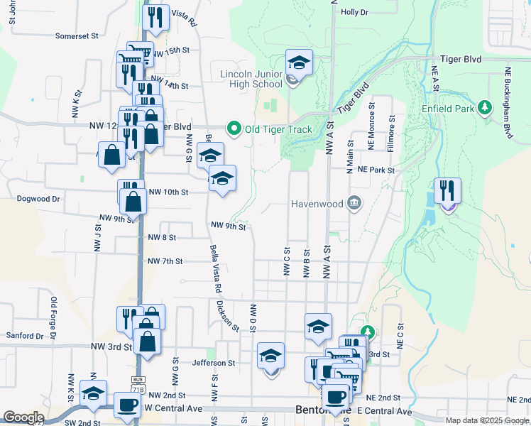 map of restaurants, bars, coffee shops, grocery stores, and more near 740-998 Trails End Lane in Bentonville
