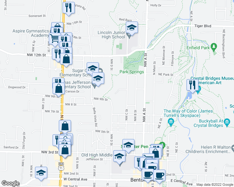 map of restaurants, bars, coffee shops, grocery stores, and more near 901 Trails End Lane in Bentonville