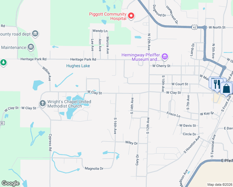 map of restaurants, bars, coffee shops, grocery stores, and more near 1621 West Clay Street in Piggott