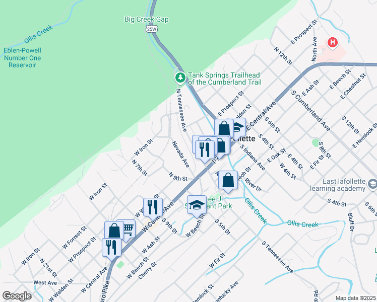 map of restaurants, bars, coffee shops, grocery stores, and more near 205 North Tennessee Avenue in LaFollette