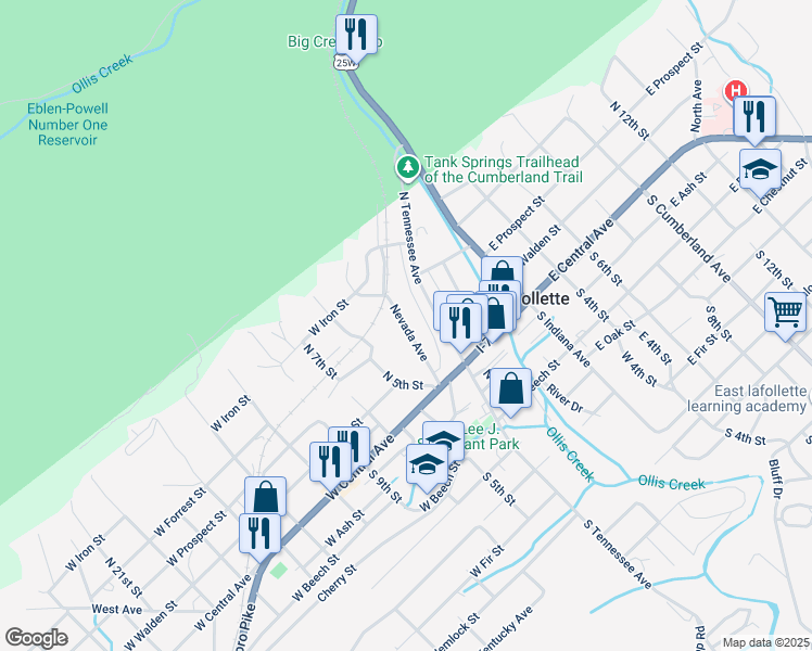 map of restaurants, bars, coffee shops, grocery stores, and more near 205 North Tennessee Avenue in LaFollette