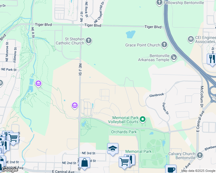 map of restaurants, bars, coffee shops, grocery stores, and more near 1303 Northeast 10th Street in Bentonville