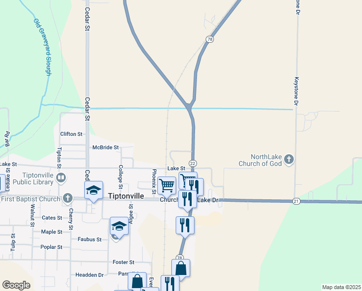 map of restaurants, bars, coffee shops, grocery stores, and more near 1430 Parks Robinson Drive in Tiptonville