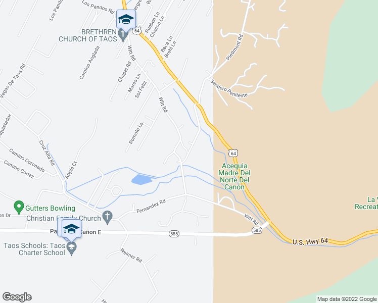 map of restaurants, bars, coffee shops, grocery stores, and more near San Geronimo Road in Taos