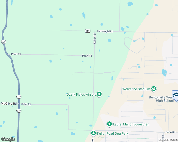 map of restaurants, bars, coffee shops, grocery stores, and more near 10895 Keller Road in Centerton