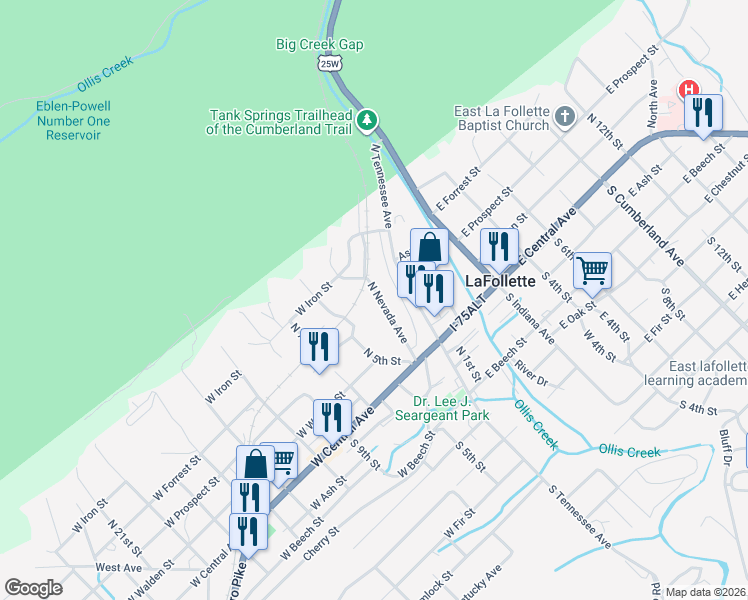 map of restaurants, bars, coffee shops, grocery stores, and more near 143 Nevada Avenue in LaFollette