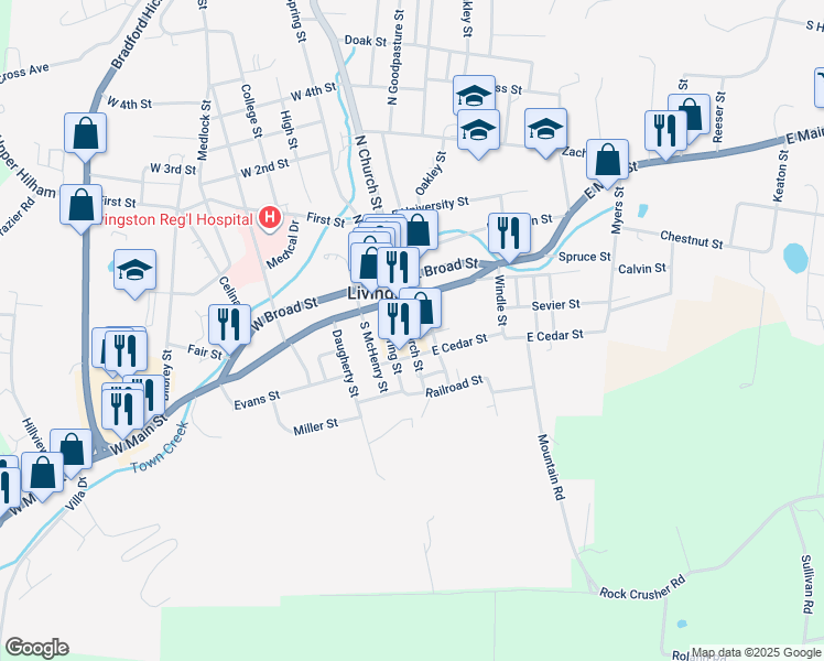 map of restaurants, bars, coffee shops, grocery stores, and more near 121 South Church Street in Livingston