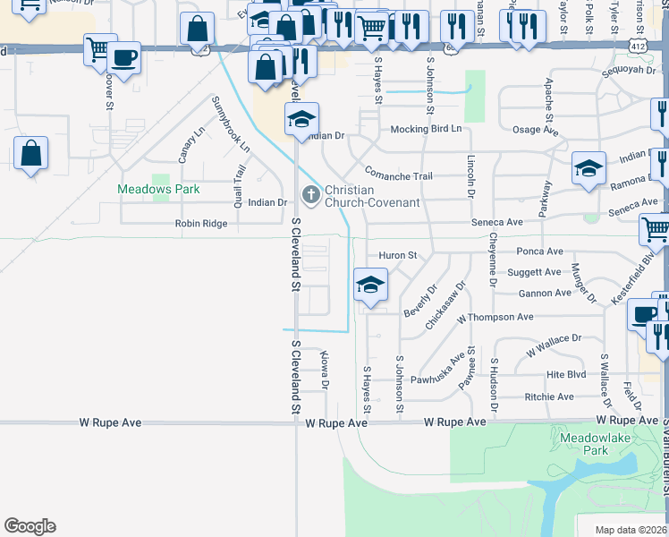 map of restaurants, bars, coffee shops, grocery stores, and more near 1421 Quannah Drive in Enid