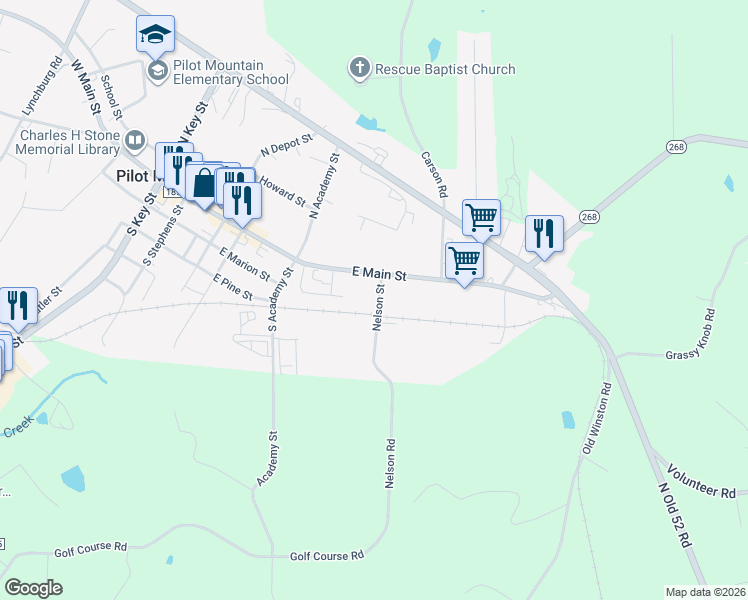 map of restaurants, bars, coffee shops, grocery stores, and more near 108 Nelson Street in Pilot Mountain