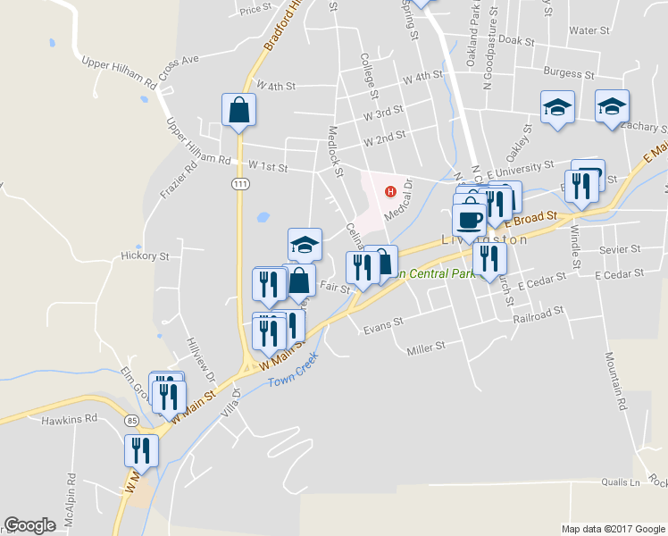 map of restaurants, bars, coffee shops, grocery stores, and more near Willow Place in Livingston
